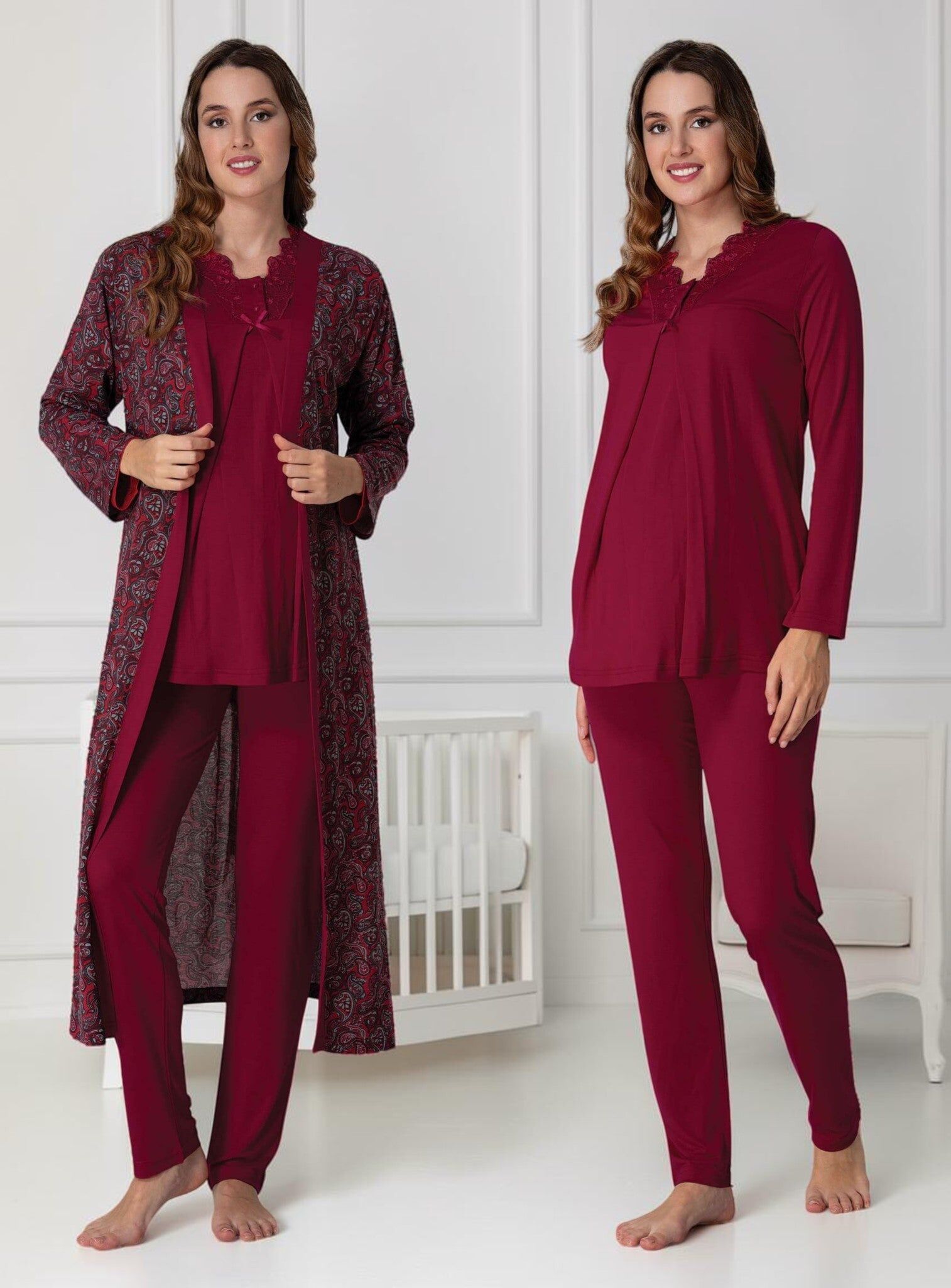 Cherry Red Pyjama & Robe Set – Black Paisley