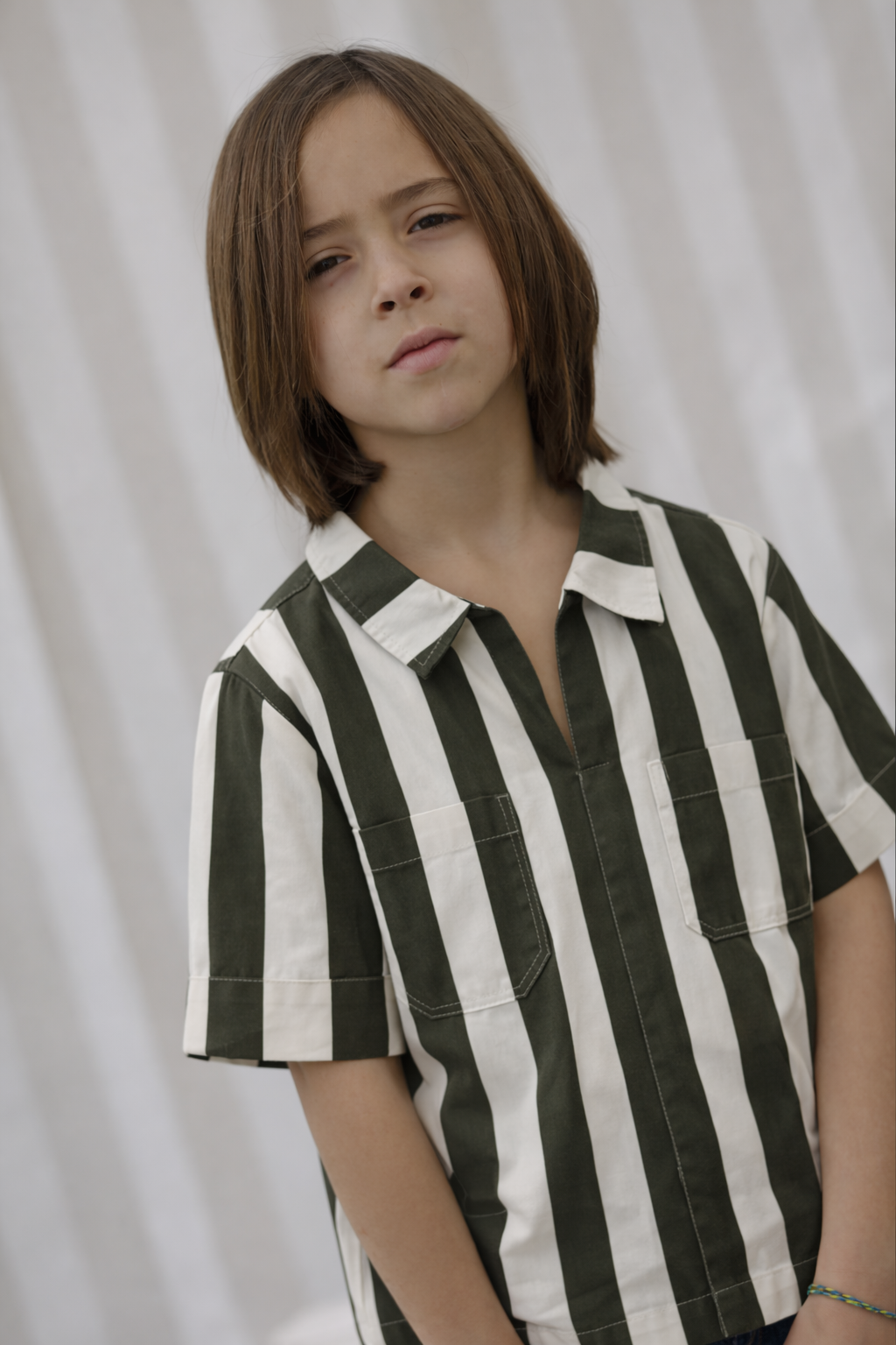 Carl Striped Shirt - Boy's - Olive & White - Organic Cotton