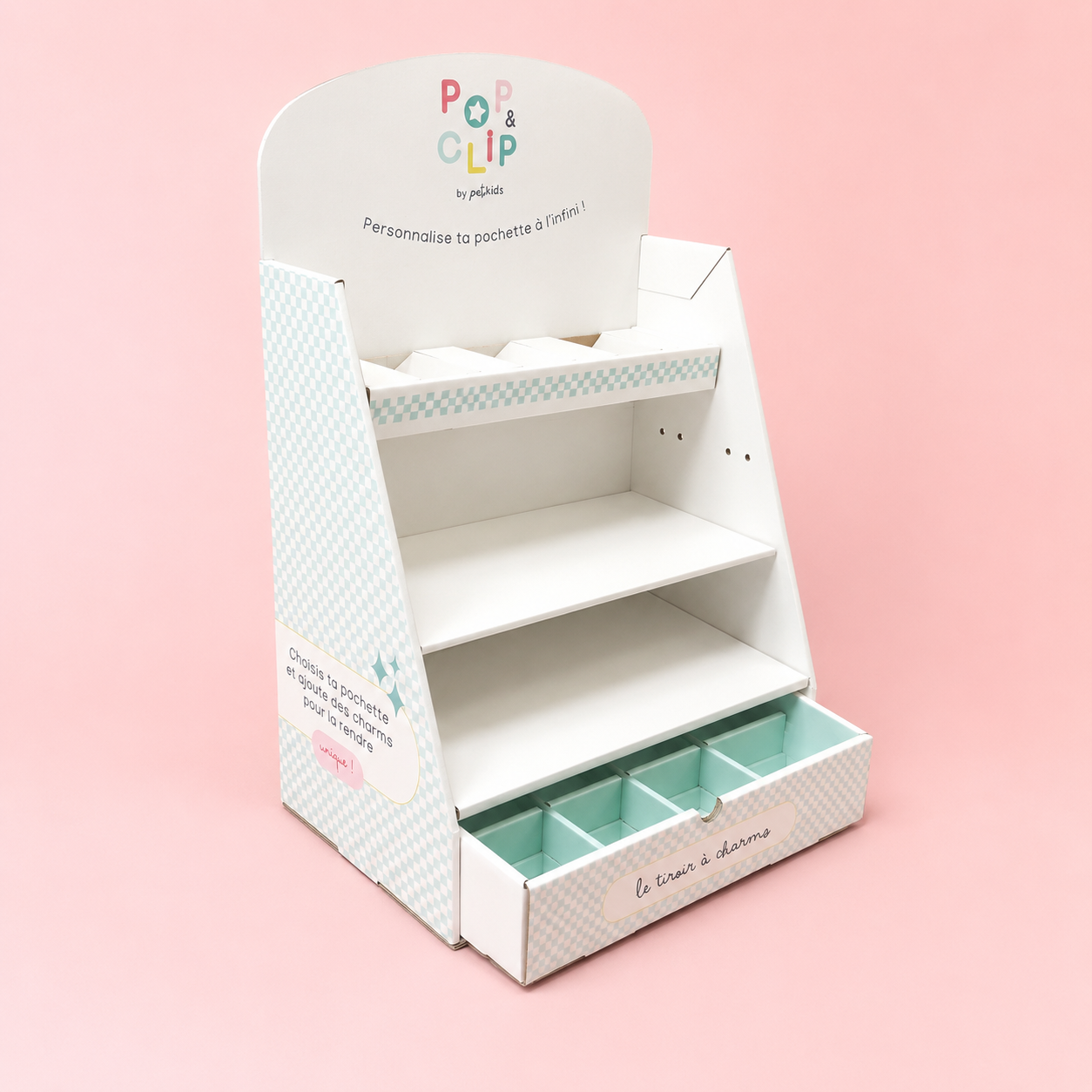 Espositore da banco POP & CLIP con cassetto portaoggetti