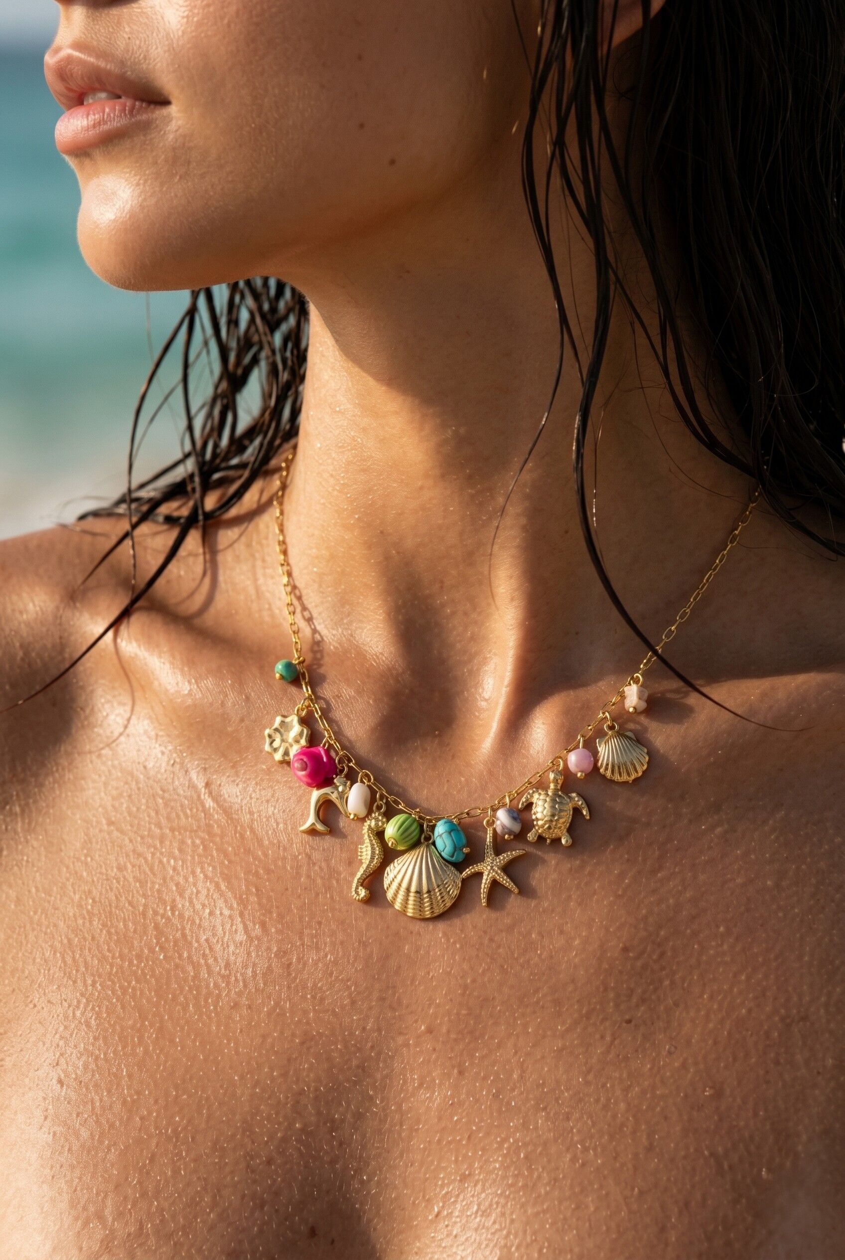 Gold-plated marine charm necklace with colorful pearl, star, and seahorse for summer