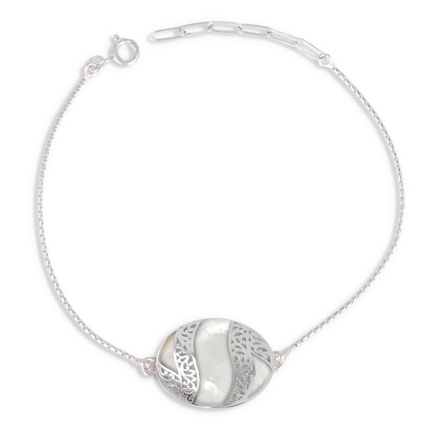Bracelet réglable cabochon Nacre Blanche dentelles Argent