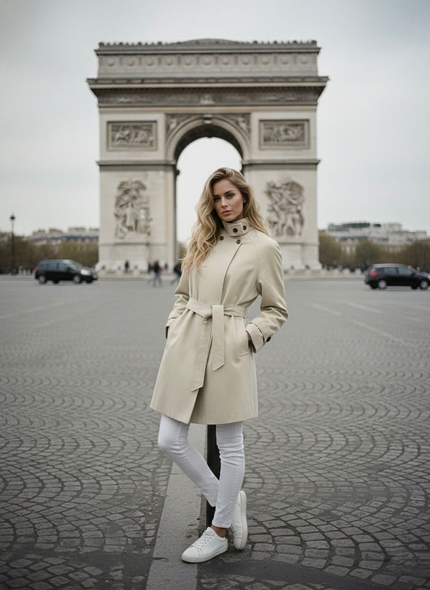 Elegant Belted Jacket with Stand-Up Collar