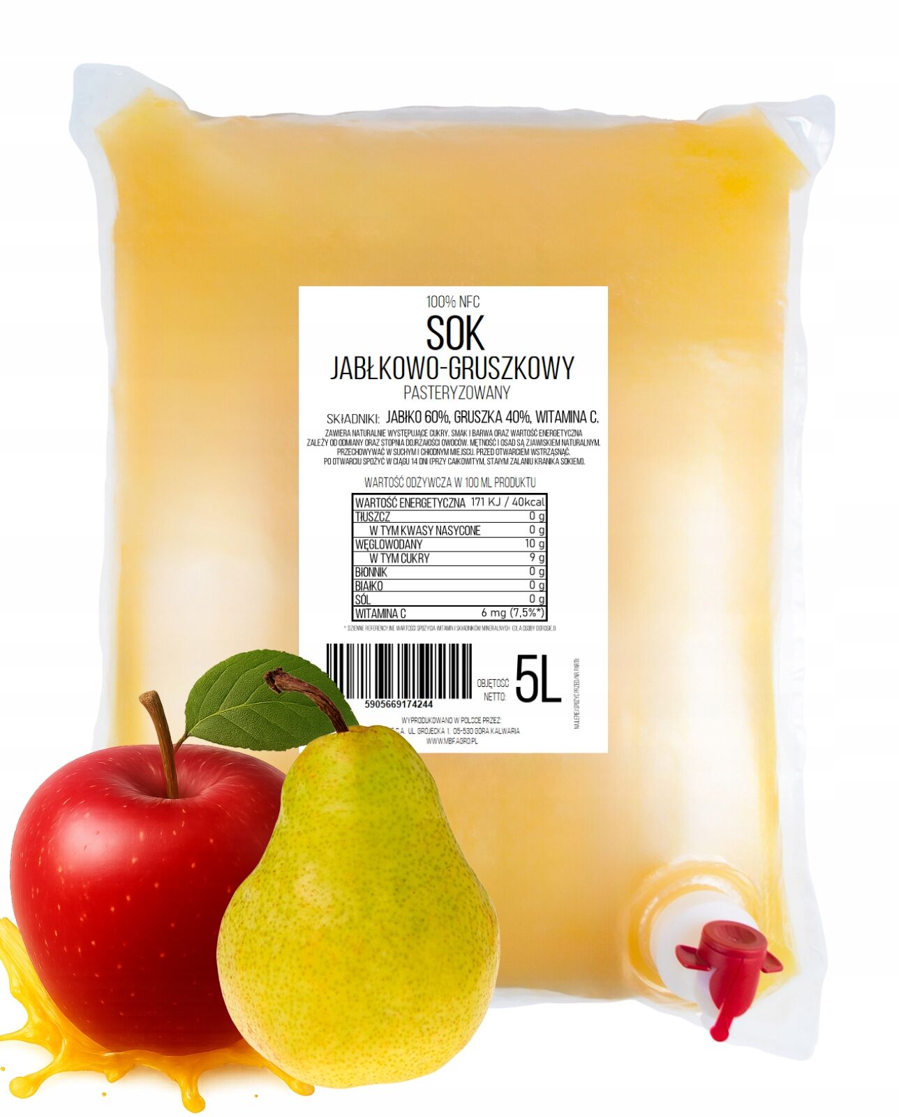 Jus de pomme et de poire NFC 100 % (60/40) – 5 L
