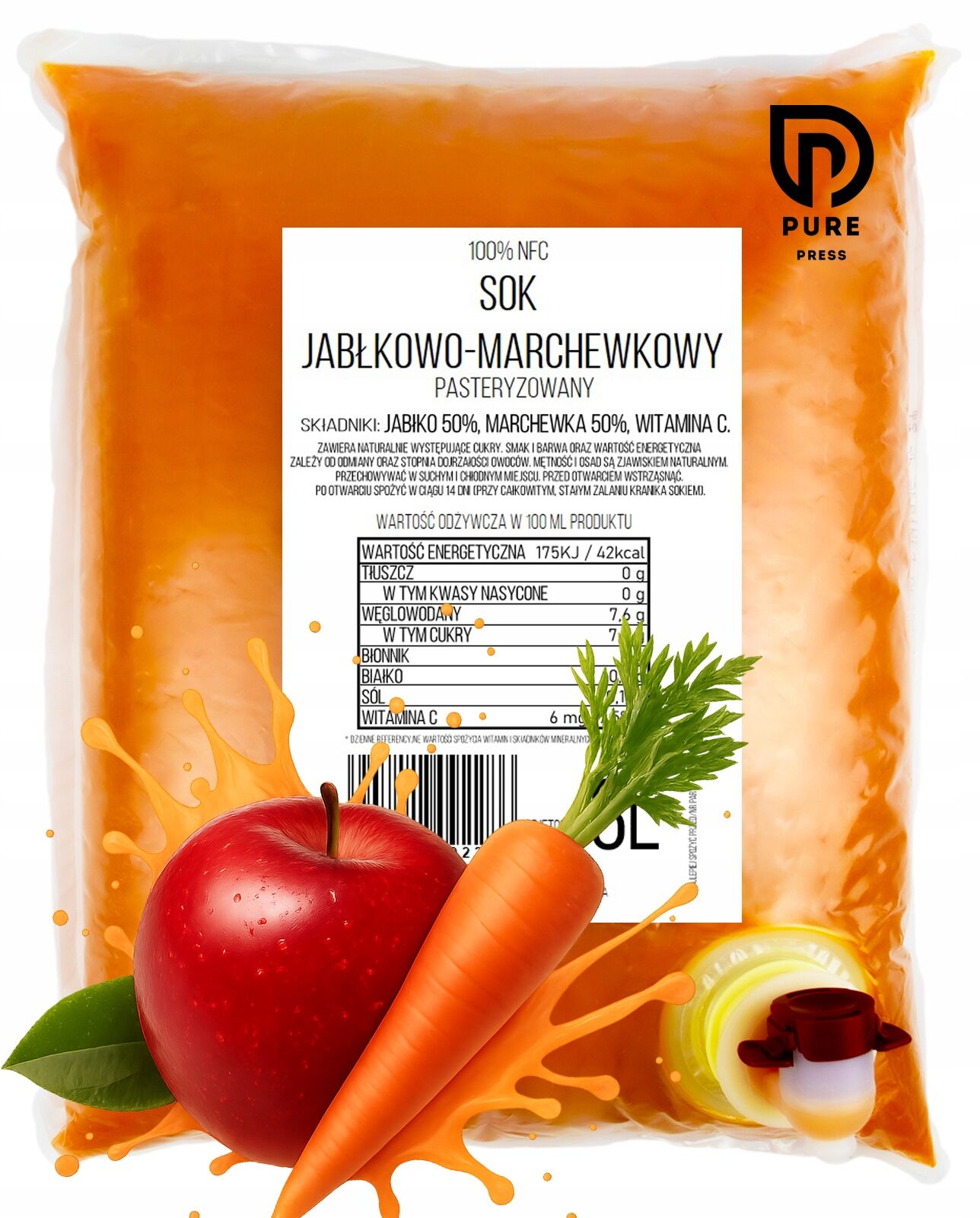 Jus de carotte et de pomme NFC 100 % (50/50) – Pressé à froid, 3 L