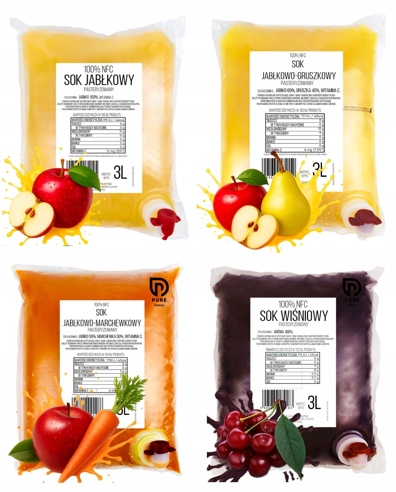 Jus mélangés en brique NFC 100% – Pomme, Poire, Carotte, Cerise (4 × 3L)