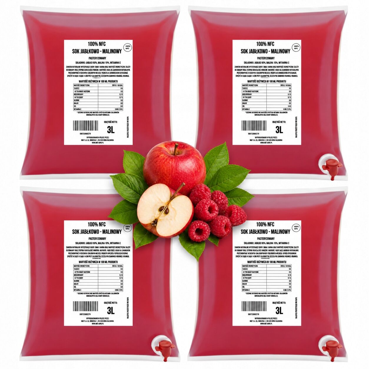 Jus de pomme et de framboise NFC 100 % (90/10) – Pressé à froid (4 × 3 L)