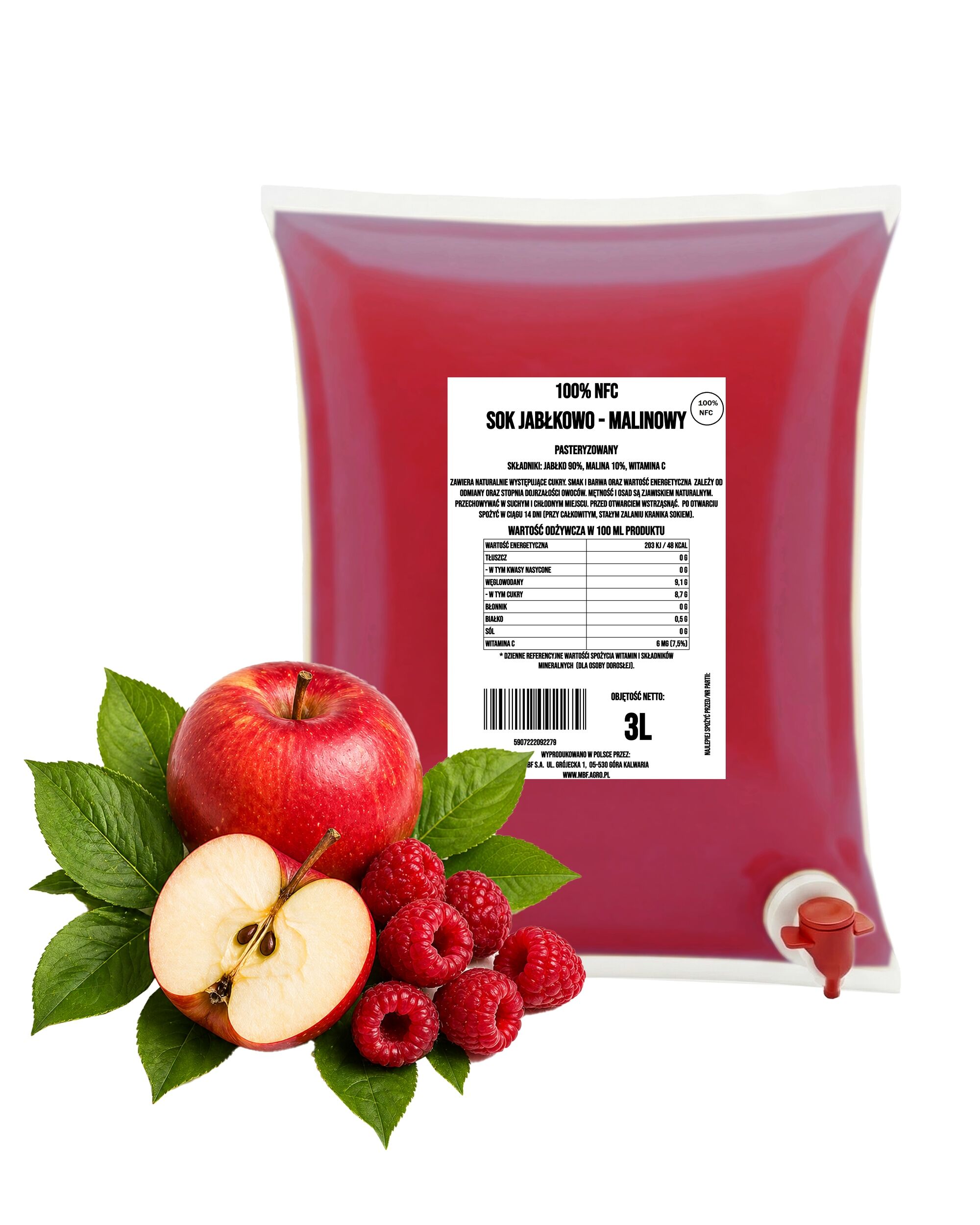 Jus de pomme et de framboise NFC 100 % (90/10) – Pressé à froid, 3 L