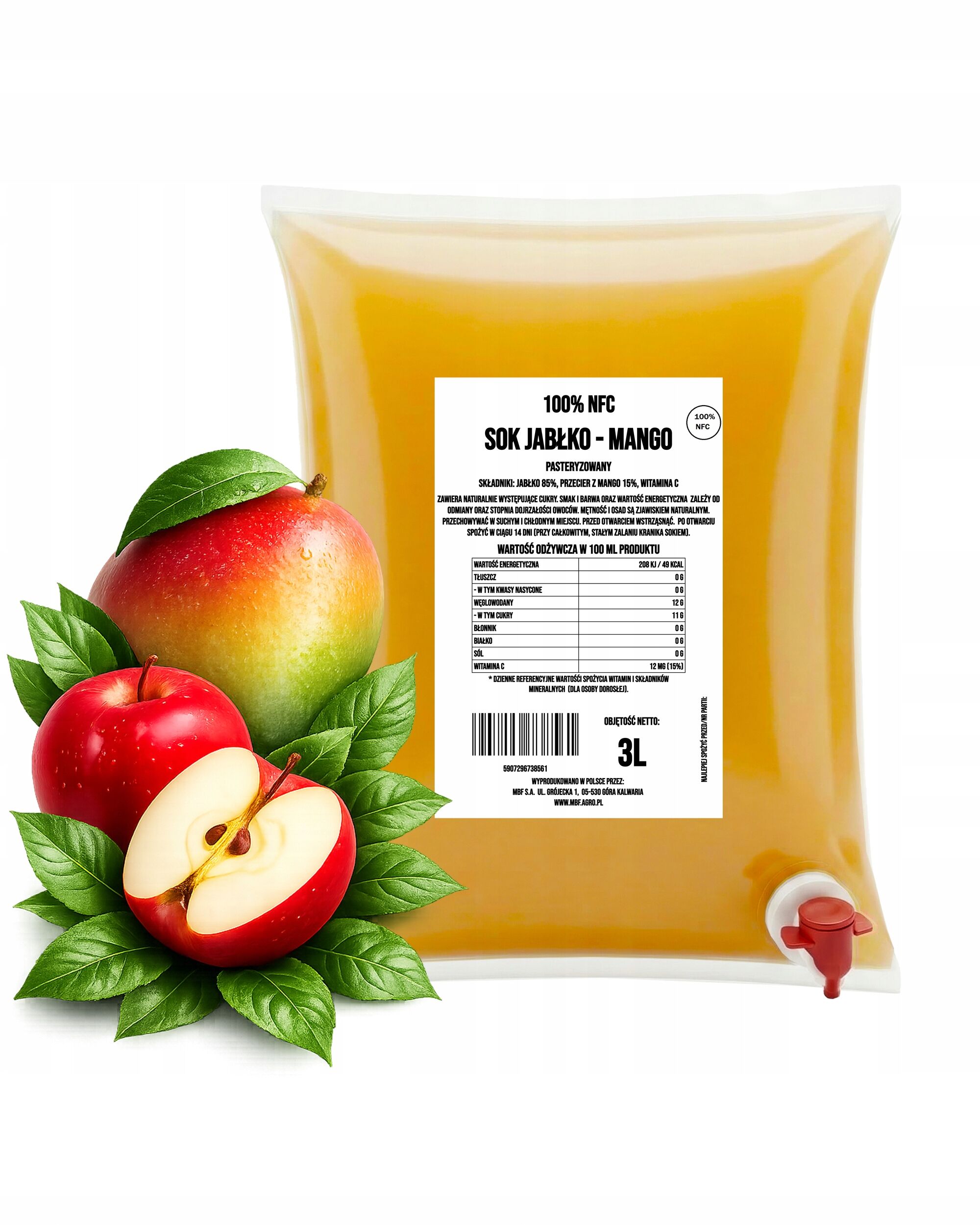 Jus de pomme et de mangue NFC 100 % – Sans sucre ajouté, 3 L
