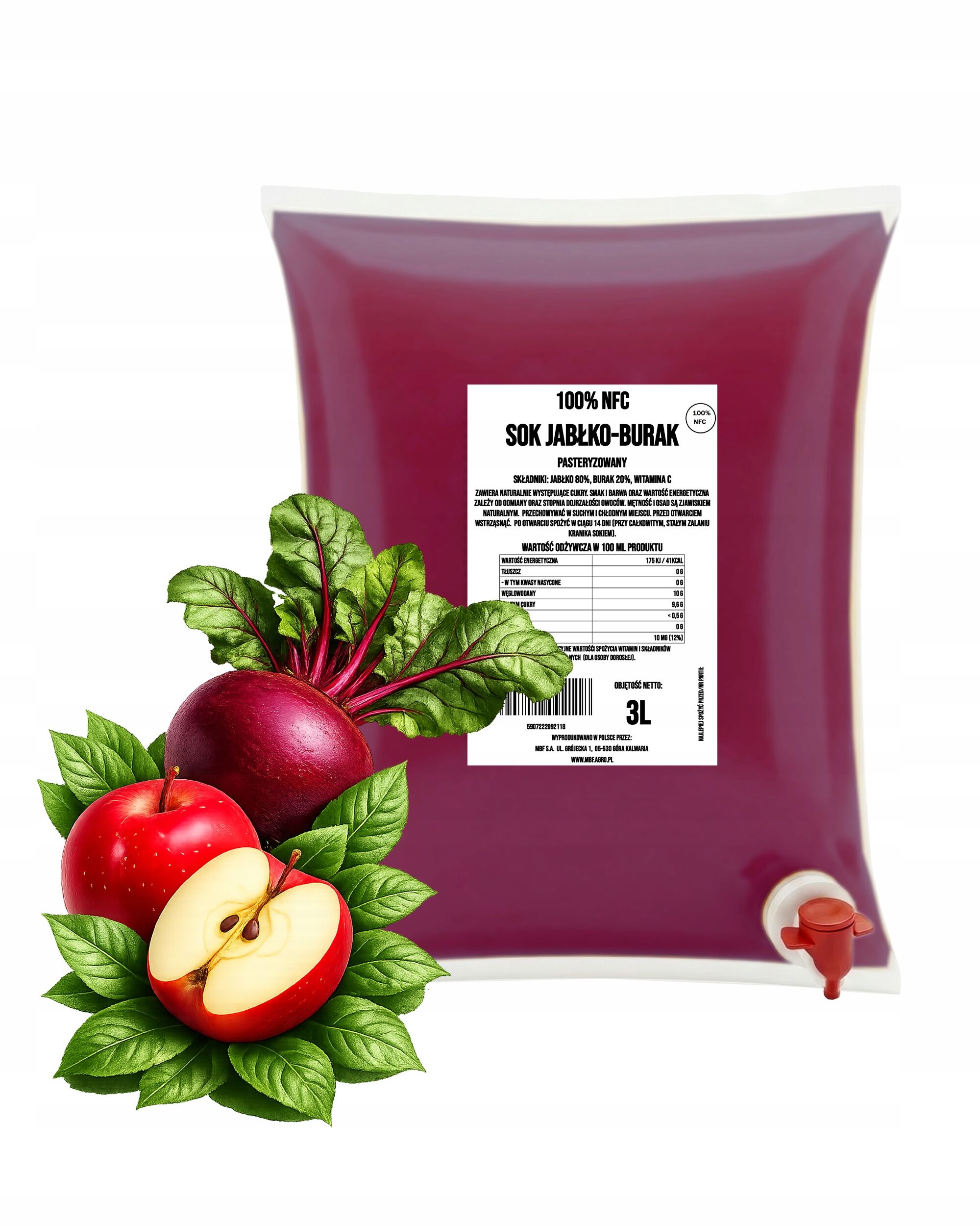 Jus de pomme et de betterave NFC 100 % – Sans sucre ajouté, 3 L