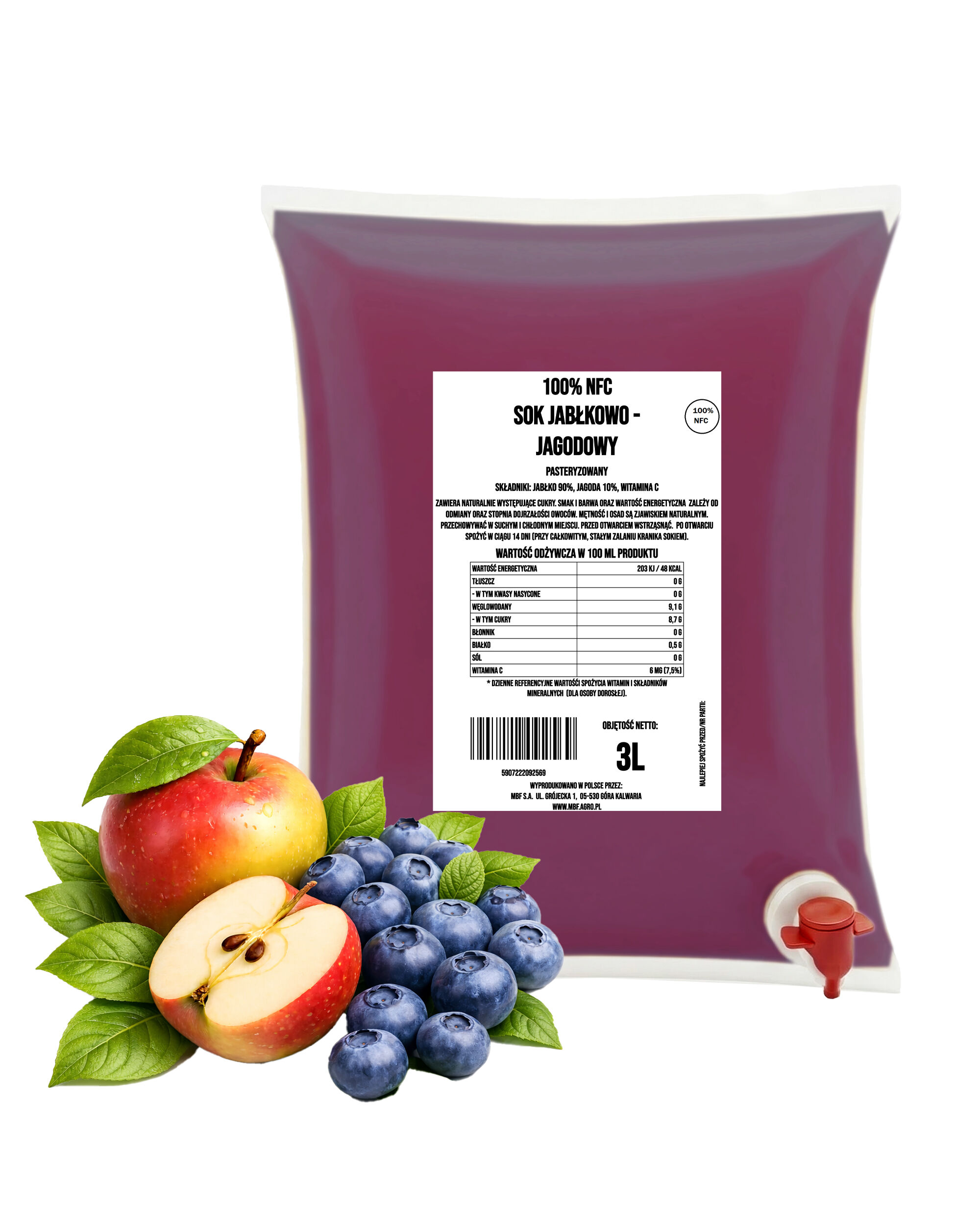 Jus de pomme et de myrtille NFC 100 % (90/10) – Pressé à froid, 3 L (Pure Press)