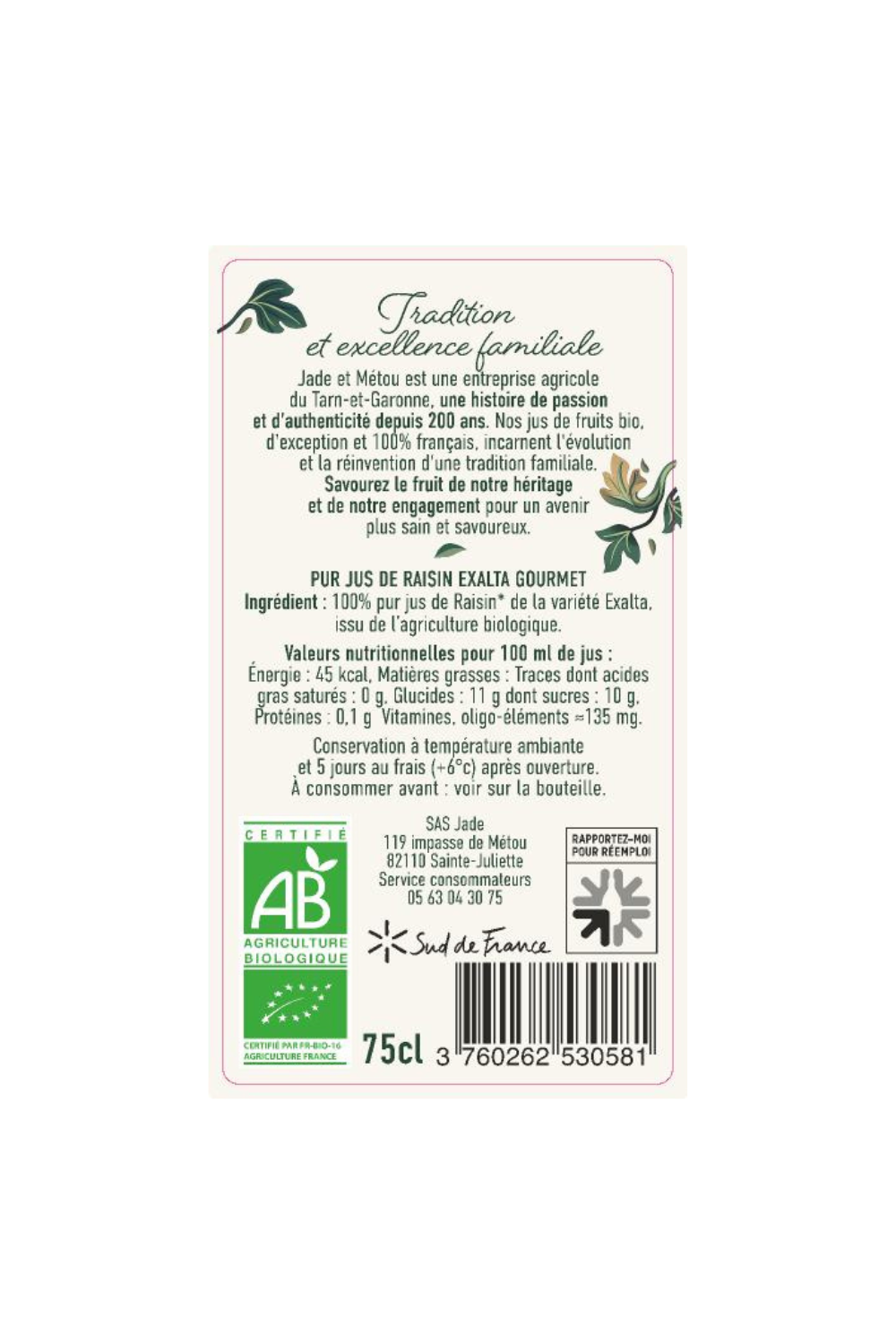 Pur Jus de Raisin Exalta 75cl Bio Gamme Gourmet