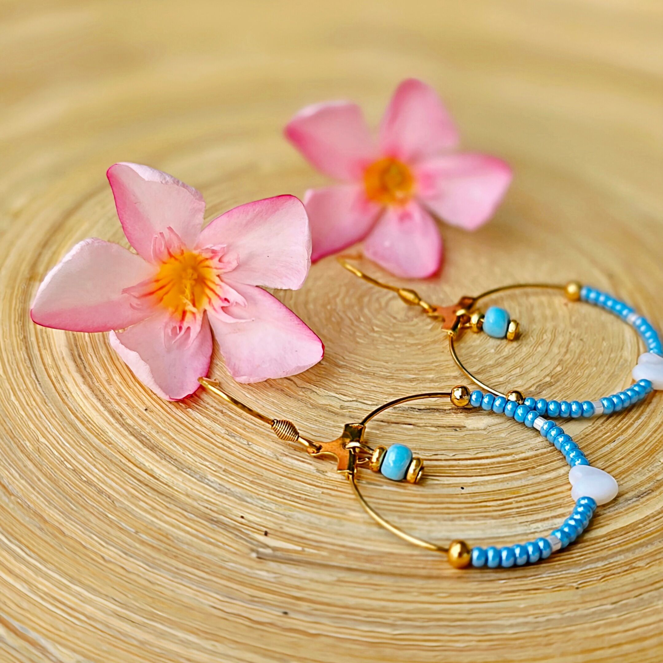 Bohemian hoop earrings with turquoise, gold, and white heart beads - Mother's Day Gift for Mom - Christmas Gift for Teacher