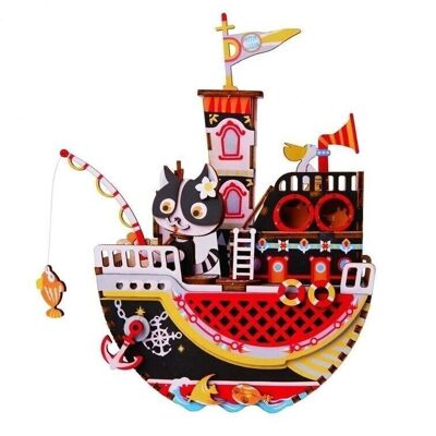 Muziekdoos Hout DIY 3D Puzzel Fishing Kitty, Robotime, AMD42, 18×8,3×18,9 cm