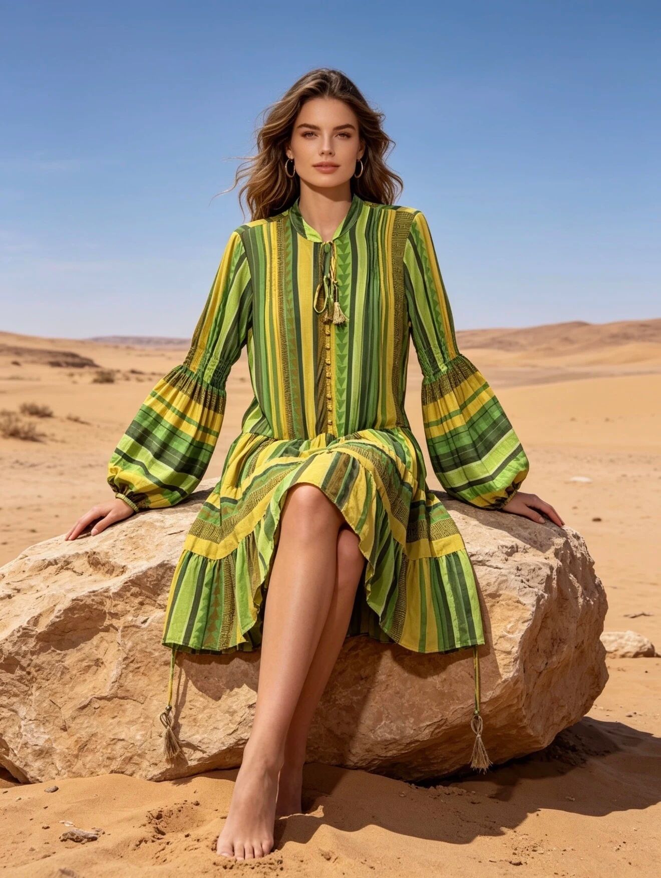 Midi-langes Kleid mit lockerem, gerafftem Muster