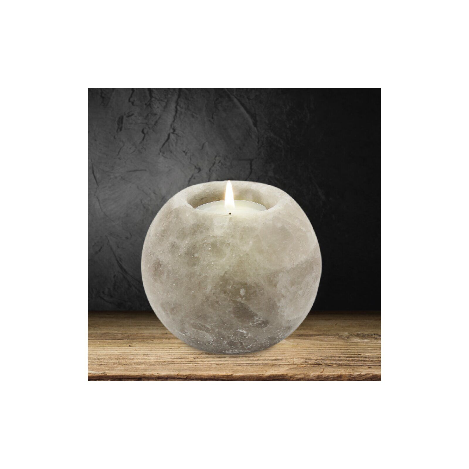 Salt Crystal Tealight Holder, Round Grey, 60041, approx. 900 g, polished, approx. 8 cm high