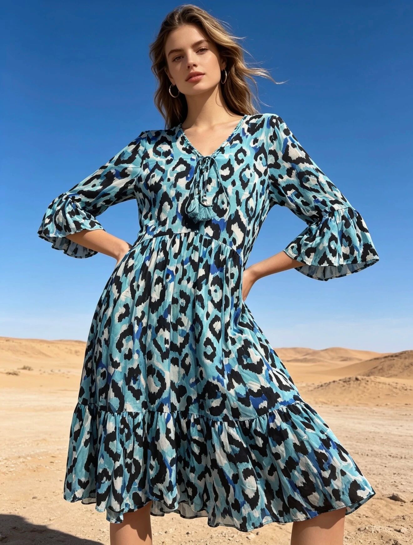 Midikleid mit Leopardenmuster, weiten Glockenärmeln und V-Ausschnitt mit Bindeband