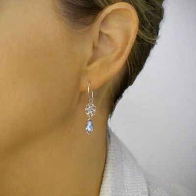 Silver flower earrings with tanzanite AB crystal drops