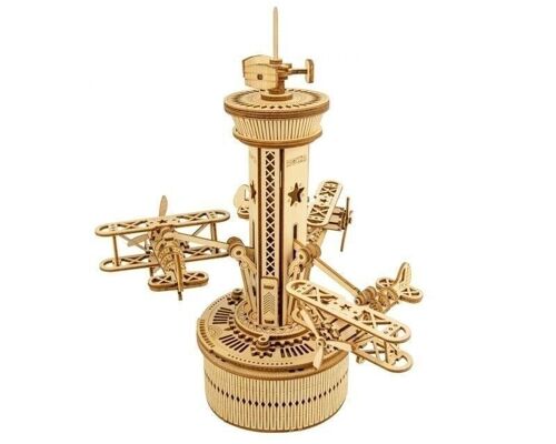 Music Box Wood DIY 3D Puzzle Airplane Control Tower, Robotime, AMK41, 19.5×19.5×25.1cm