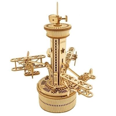 Music Box Wood DIY 3D Puzzle Airplane Control Tower, Robotime, AMK41, 19.5×19.5×25.1cm