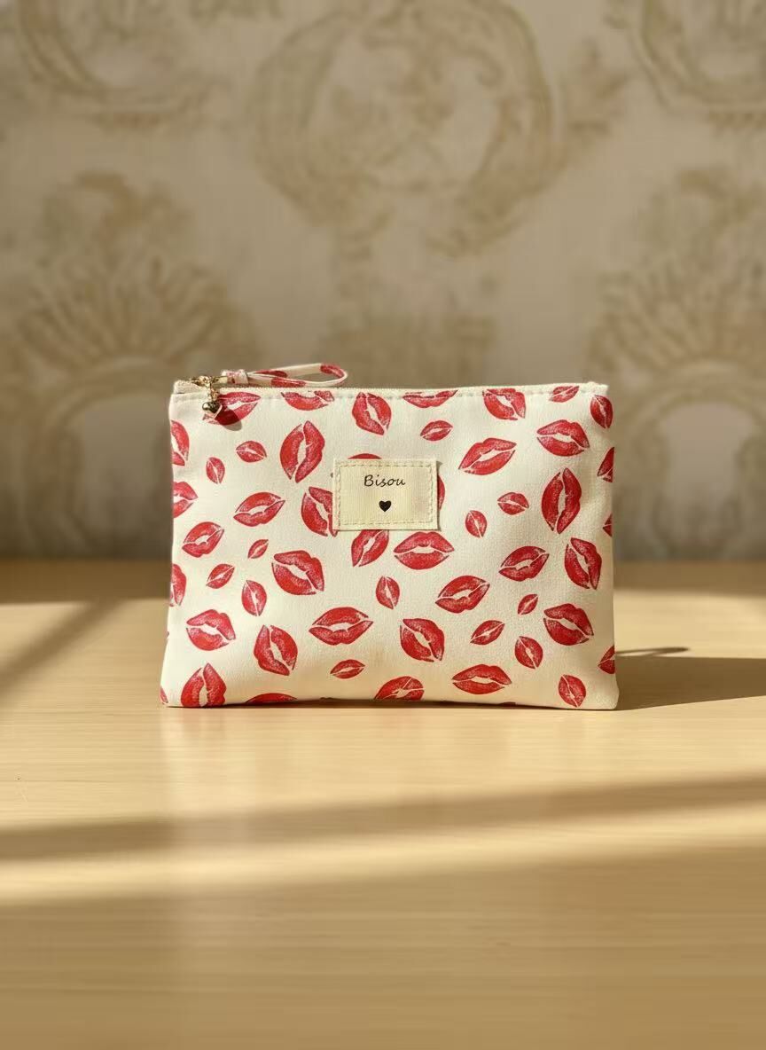 14x20 cm polyester pouch with trendy lip kiss design for makeup