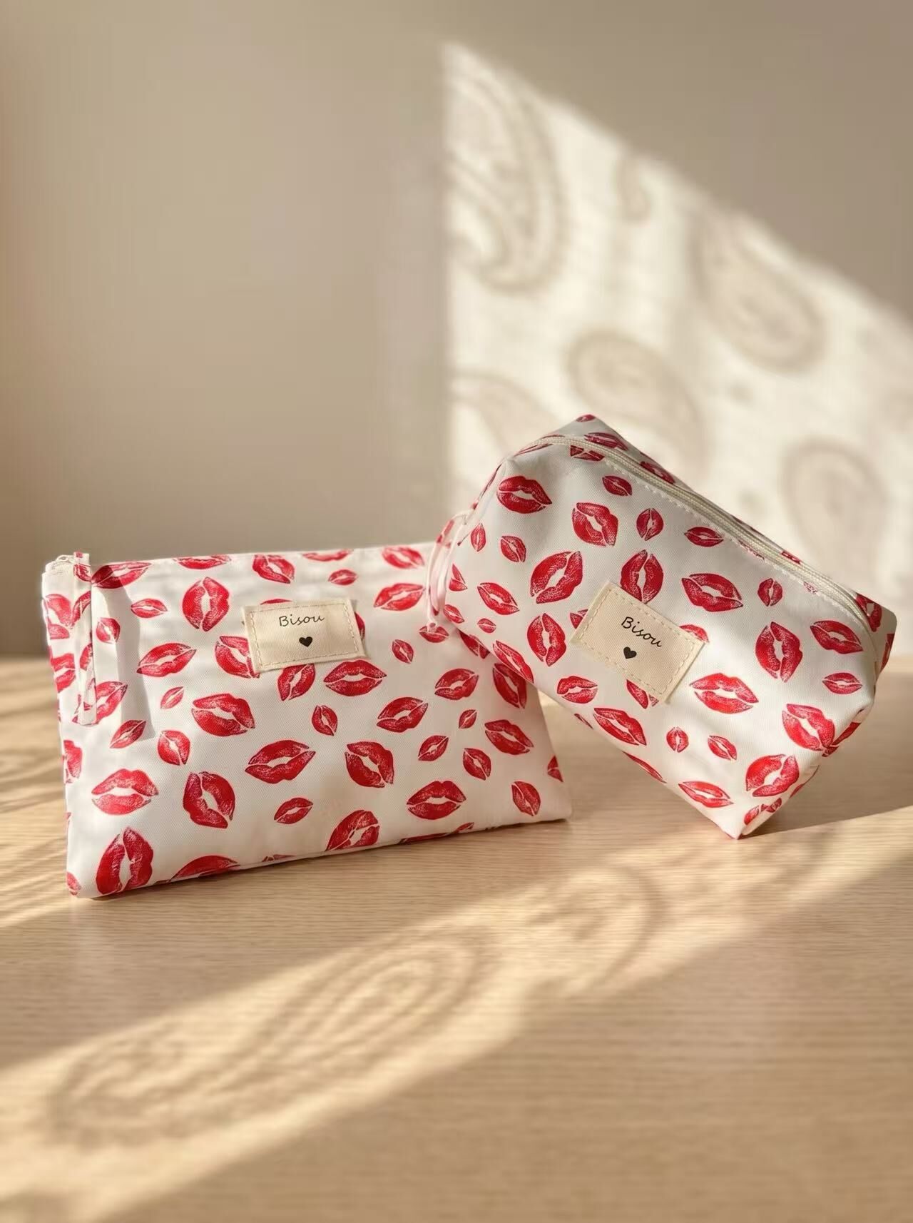 Set of 2 trendy chic red lip kiss polyester pouches