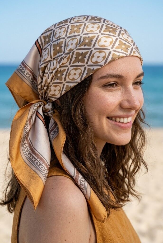 70x70 cm brown silk-effect scarf with elegant clover flower pattern