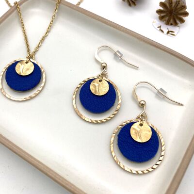 DUO-Ohrring + kleine runde Halskette aus blauem Leder