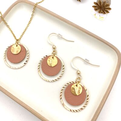 DUO earring + small round necklace in pink leather