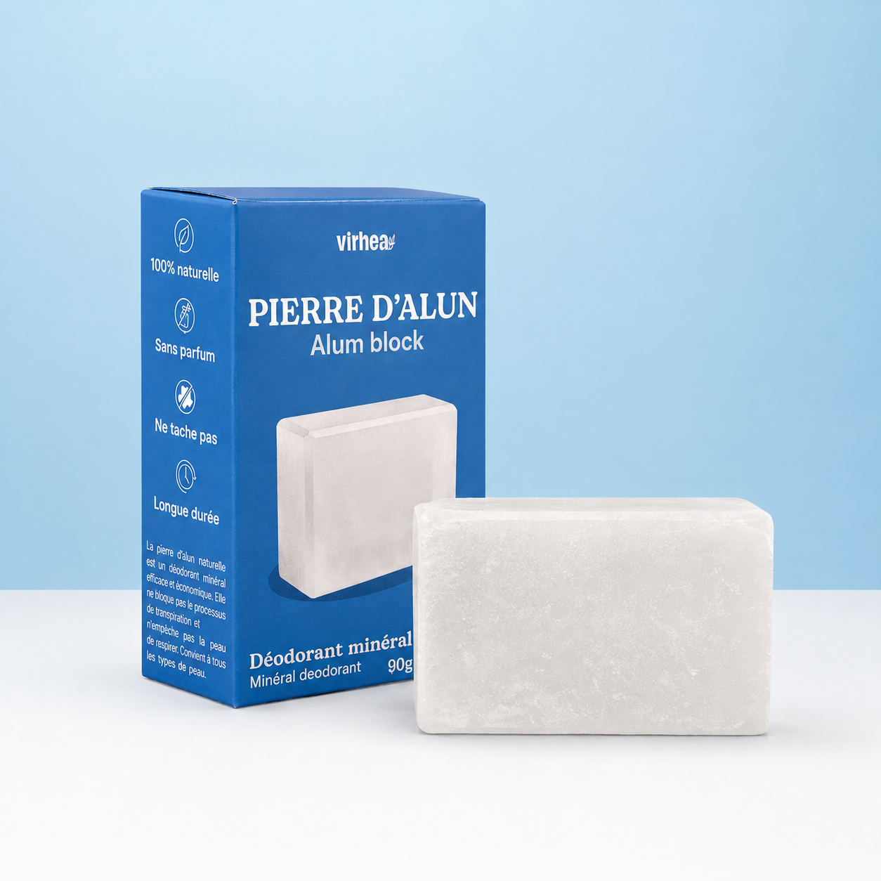 Virhea alum stone, 90g, unscented, lasts 12 months