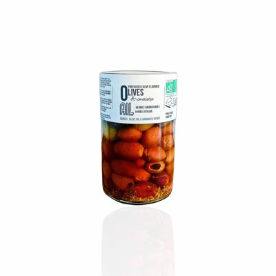 Olives denoyautees en huile d'olive a l'ail bio
