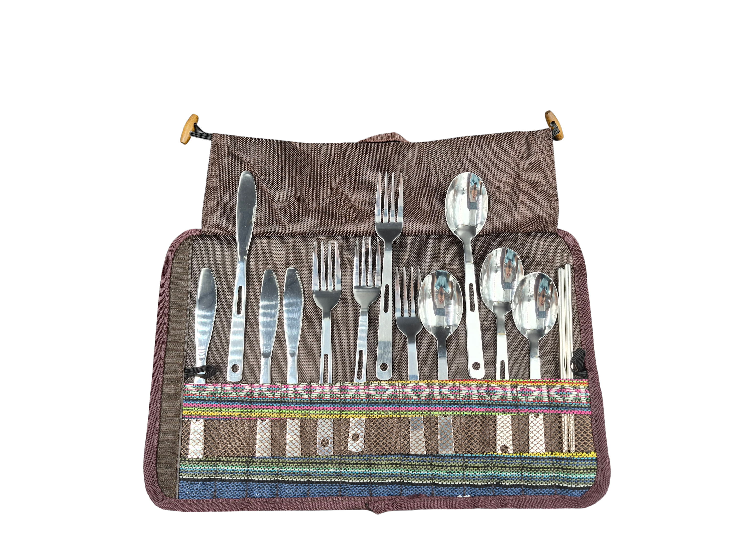 Camping cutlery set, 13 pcs.,stainless steel, incl.bag, colorful