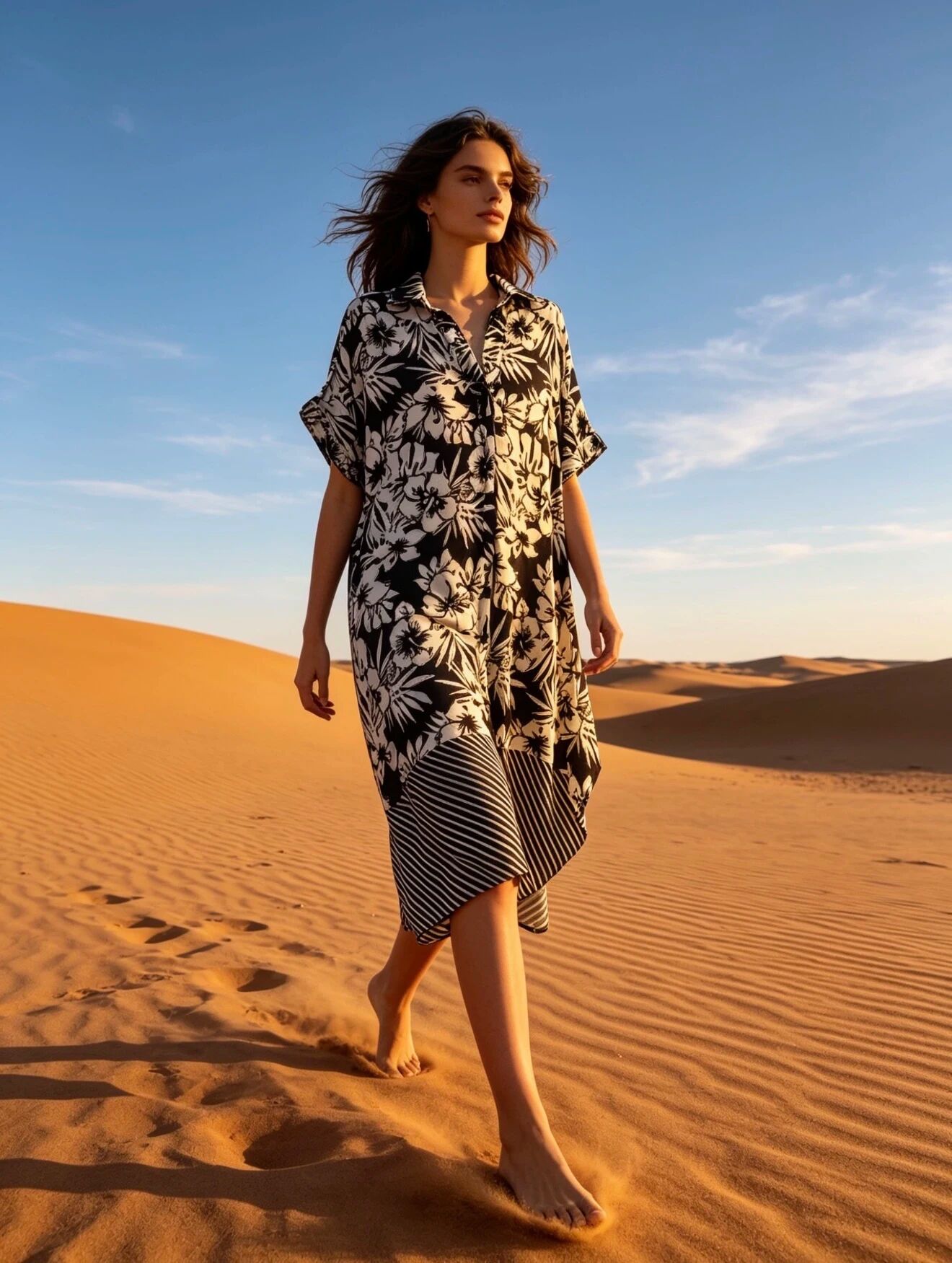 Hemdblusenkleid mit Blumenmuster, V-Ausschnitt, ausgestelltem Schnitt und verdeckten Taschen