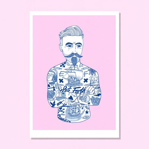 Pink and Blue Tat Man Risograph Art Print
