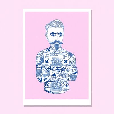 Stampa artistica Risograph uomo Tat rosa e blu