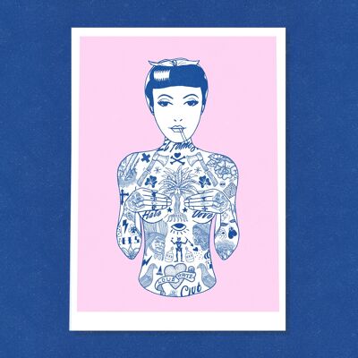 Stampa artistica Risograph Girl Tat rosa e blu