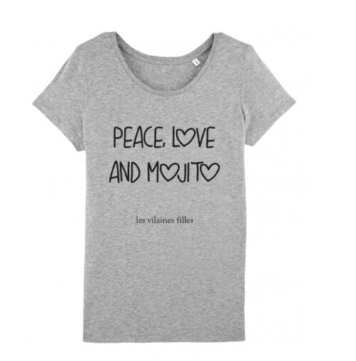 Tee-shirt col rond Peace love and mojito bio-Gris chiné