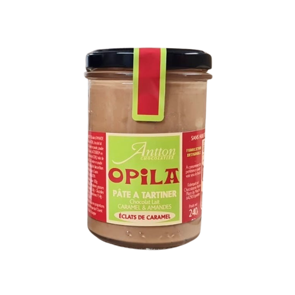 Pot en verre de pâte à tartiner chocolat lait caramel et amandes sans huile de palme, 240 g