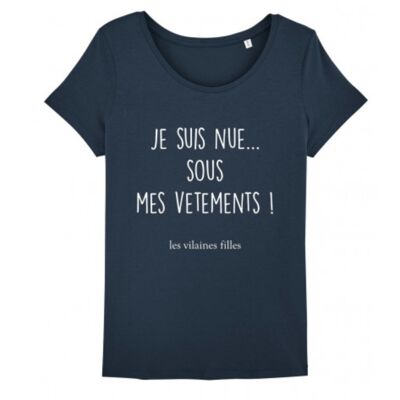 Tee-shirt col rond Je suis nue sous mes vêtements bio-Bleu marine