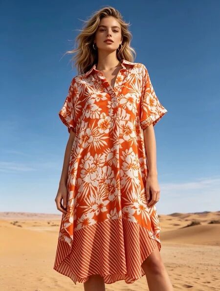 Hemdblusenkleid mit Blumenmuster, V-Ausschnitt, ausgestelltem Schnitt und verdeckten Taschen