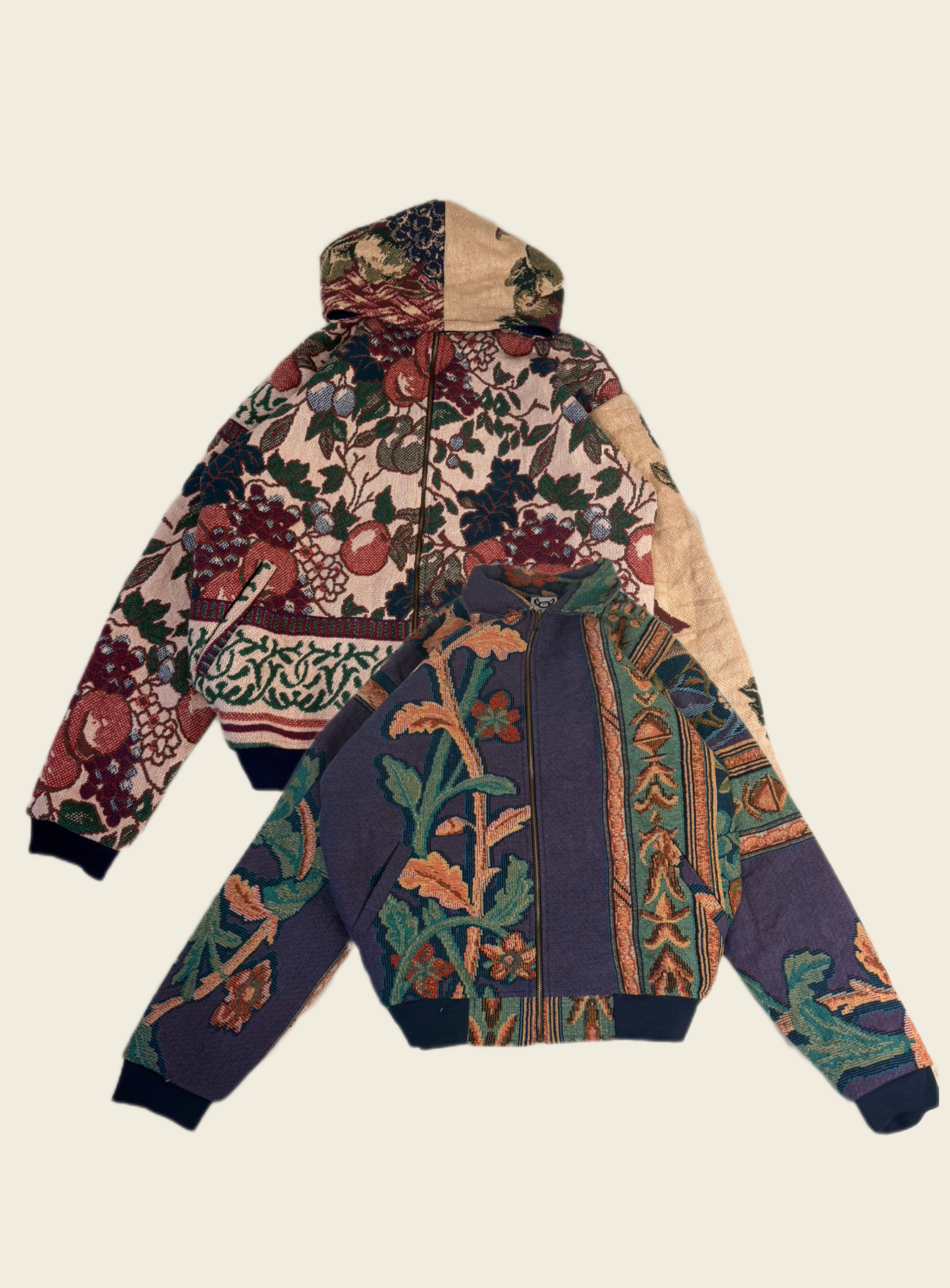 Veste / manteau zippé à capuche / harrington en tapisserie tissé unisexe unique fait main upcyclé artisanalement