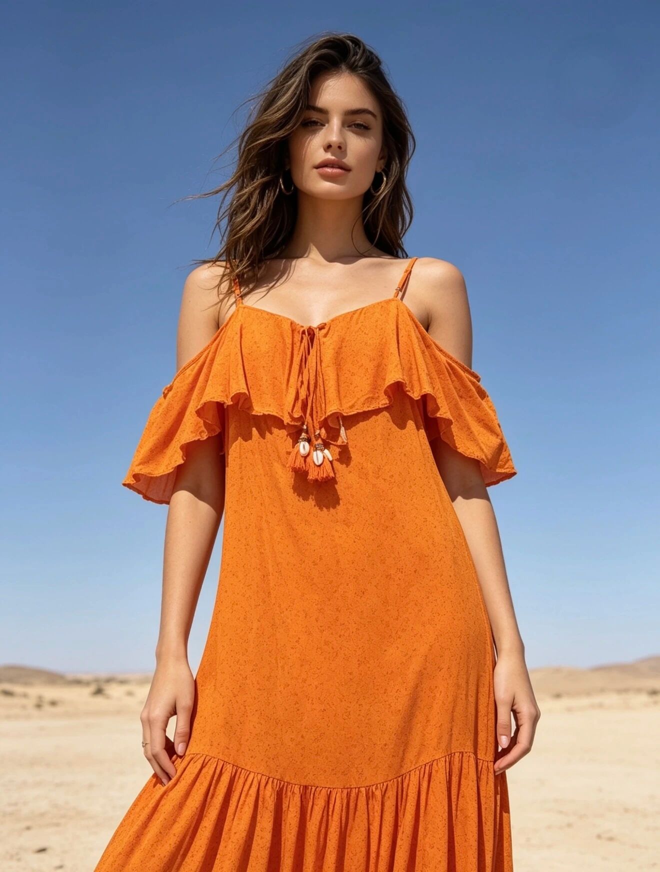 Fließendes Maxikleid mit Trägern, schulterfreiem Design und ausgestelltem Schnitt