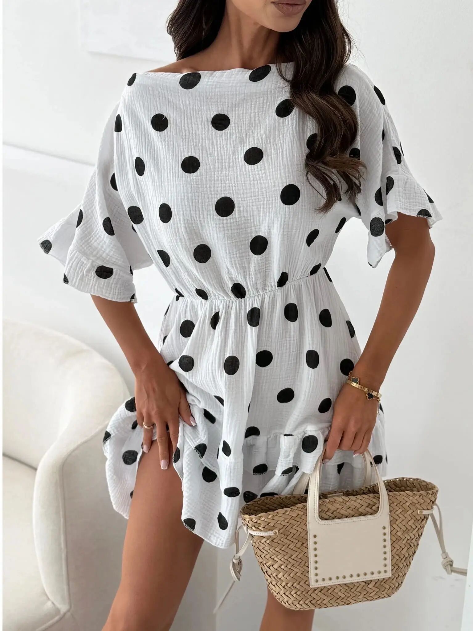 Short polka dot dress in cotton gauze - 9362