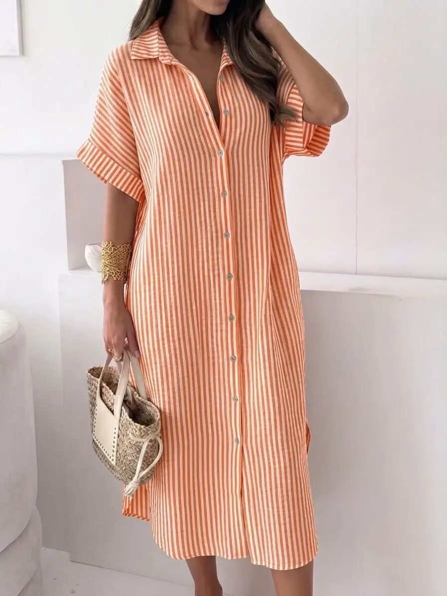 Long dress in 100% cotton gauze - 25180-2 Fine stripe
