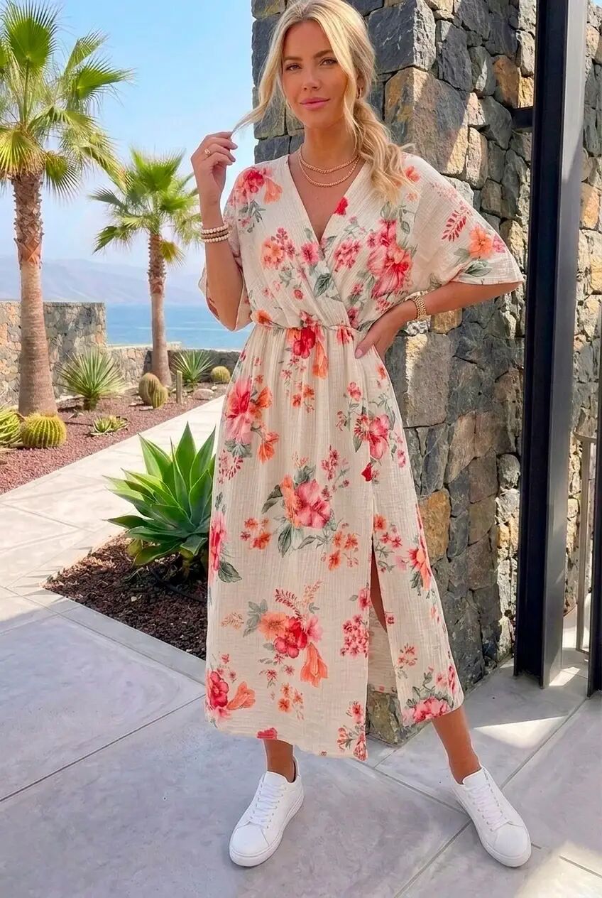 Long floral cotton gauze dress - 9377