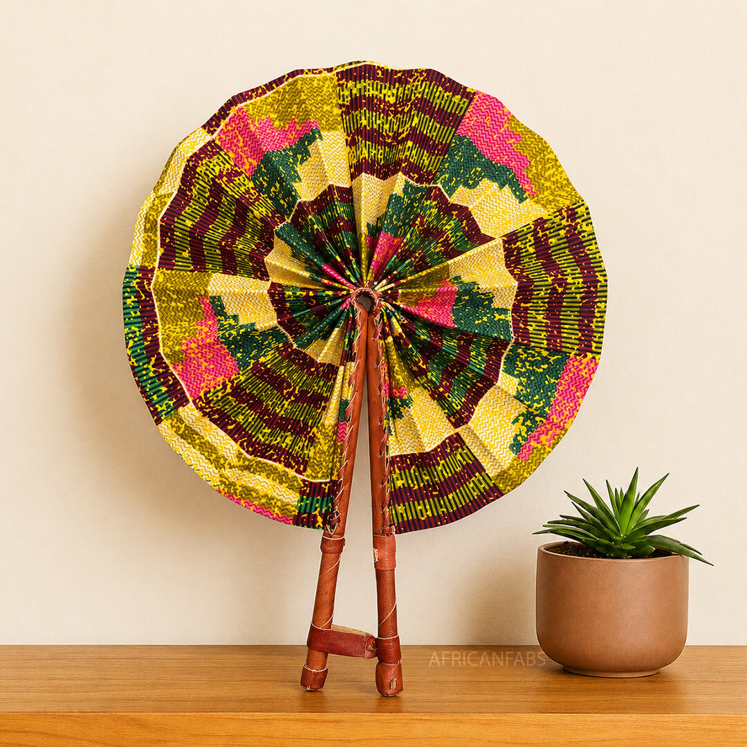 African Hand fan - Ankara print Hand fan - Yellow Green Kusi