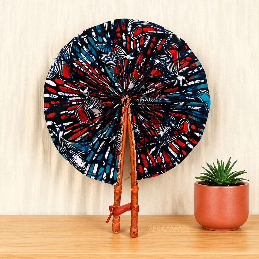 African Hand fan - Ankara print Hand fan - Blue Red Quartey