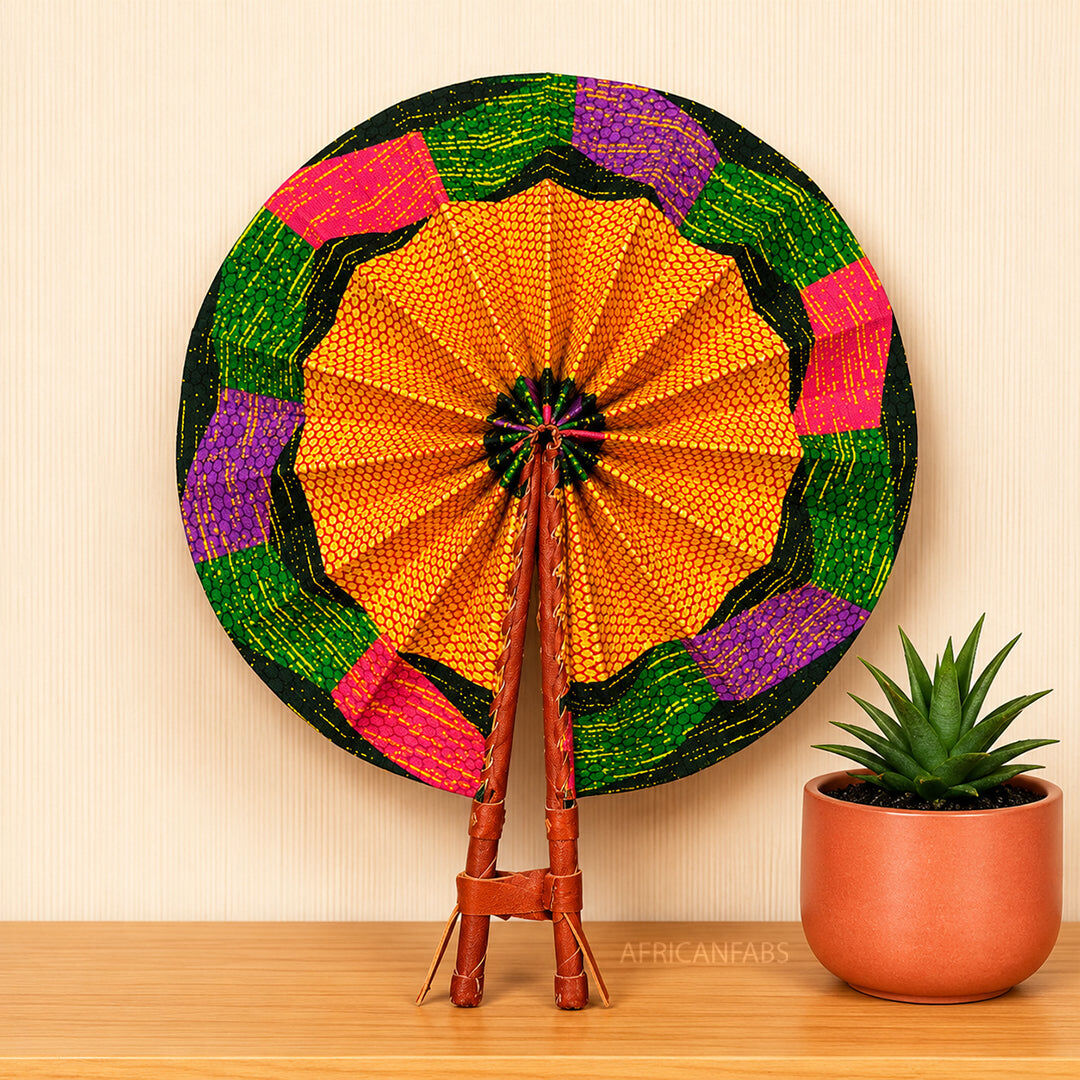 African Hand fan - Ankara print Hand fan - Orange Green Akuffo