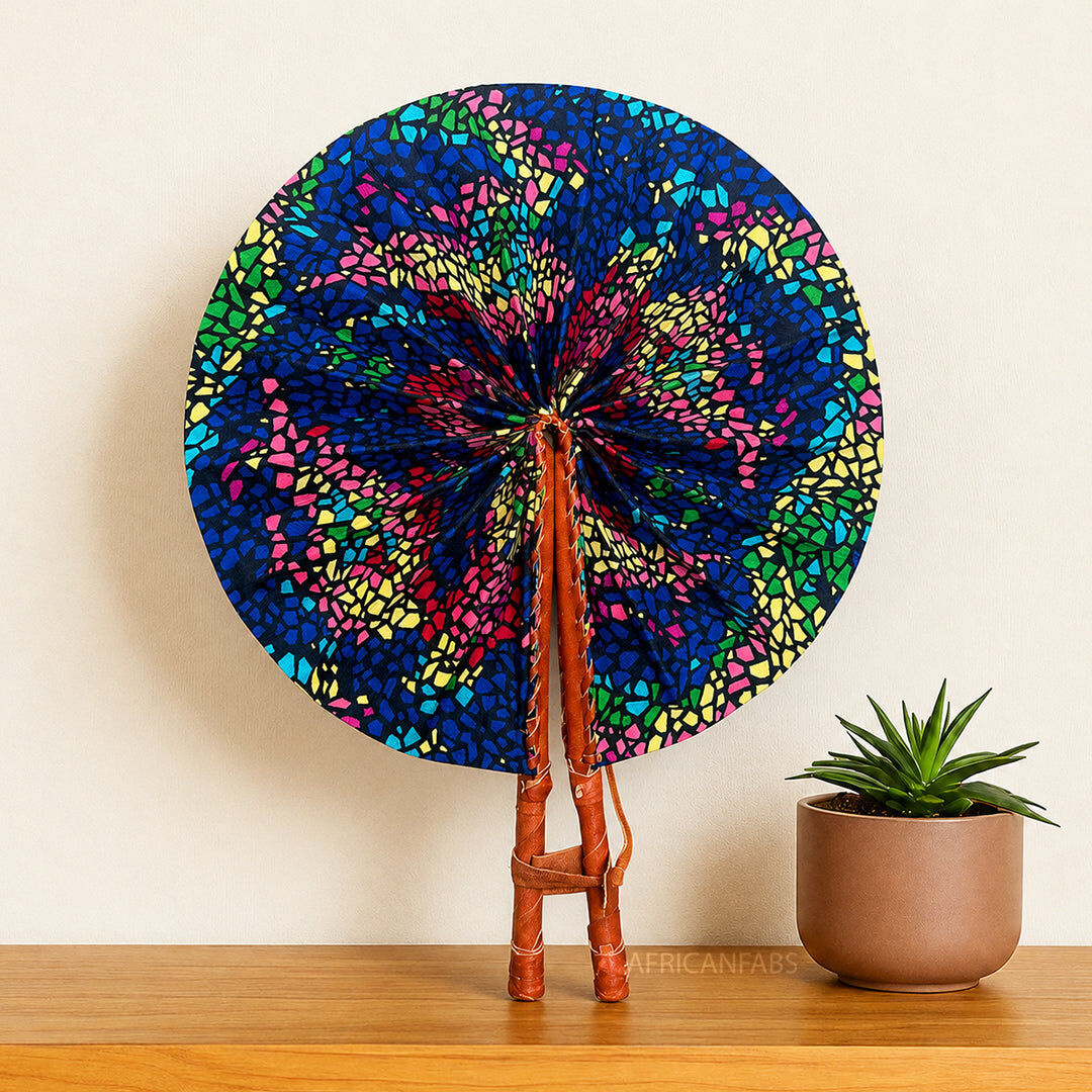 African Hand fan - Ankara print Hand fan - Blue Pink Mensah