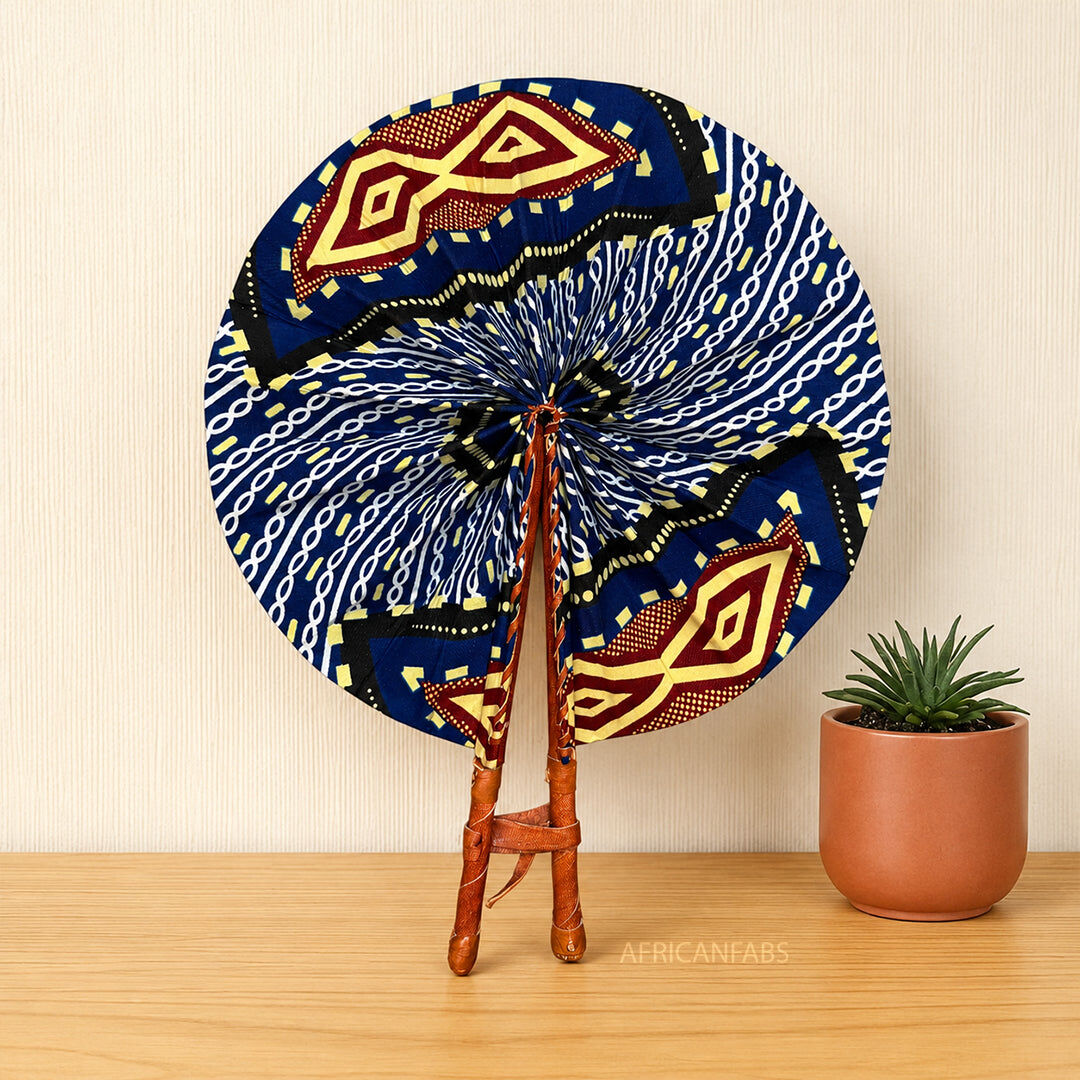 African Hand fan - Ankara print Hand fan - Blue Cream Afful