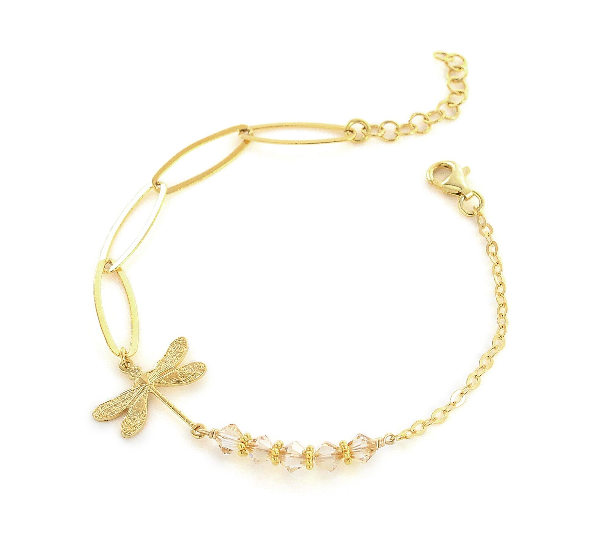 Pulsera de libélula bañada en oro de 18 quilates y cristal Golden Shadow